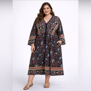 Pin-up Fashion 100% Viscose Blue and Red Long Sleeve V-Neck Sundress Size 24 EUC